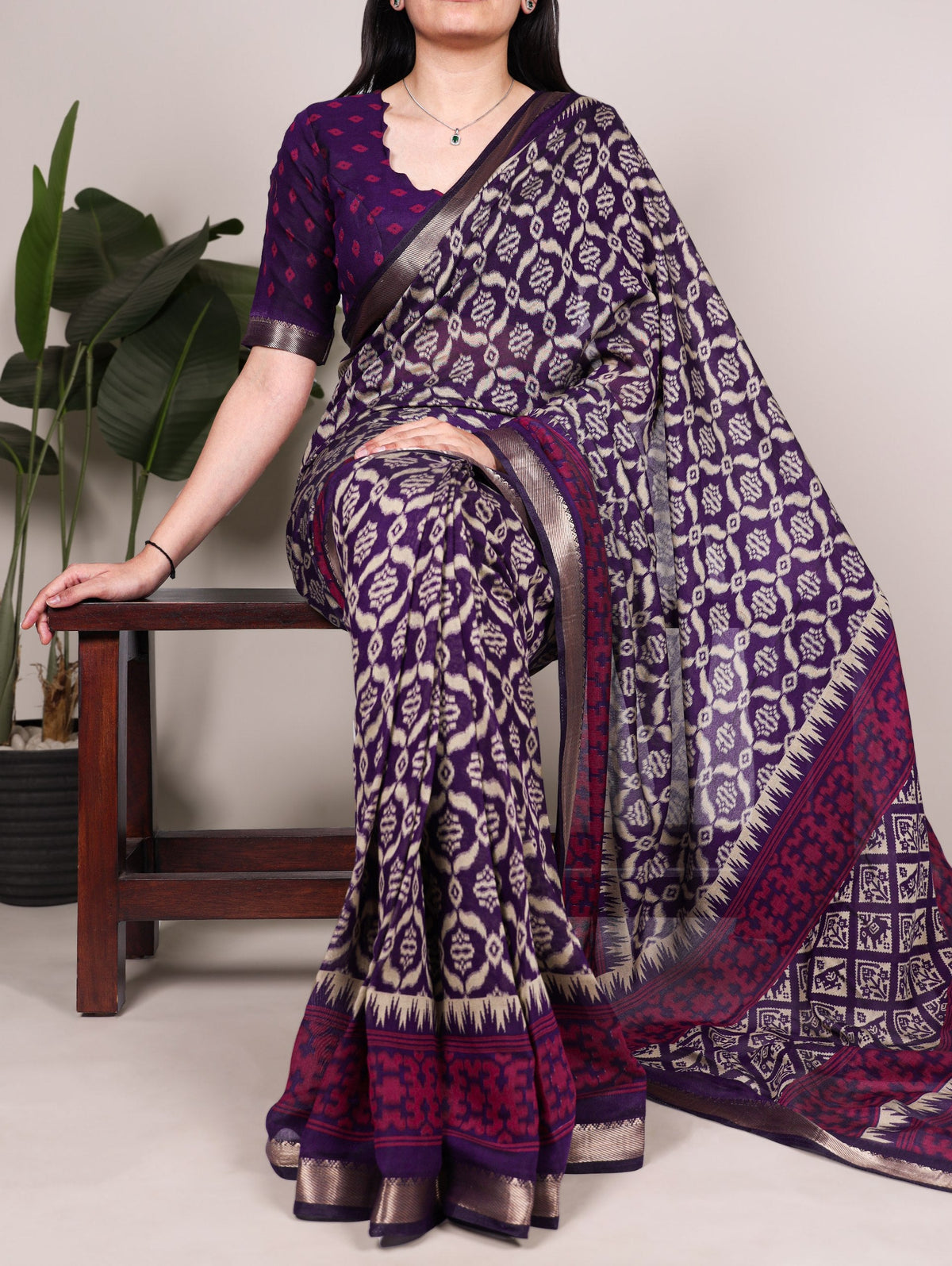 Purple Print Chanderi Saree ClothsVilla
