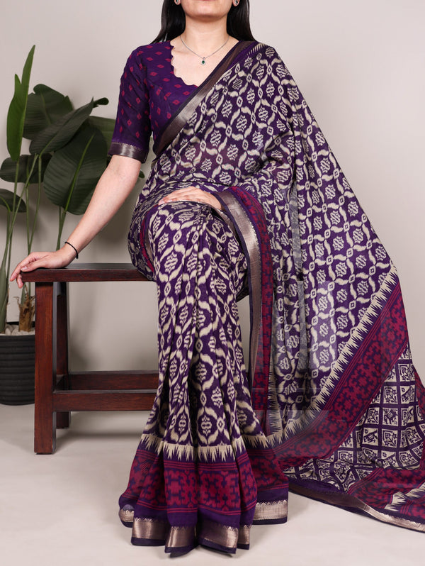 Purple Print Chanderi Saree ClothsVilla