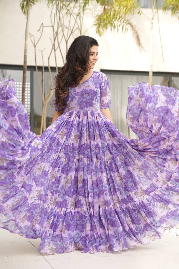 Purple Printed Faux Georgette Gown with Fancy V-Neck | Full Cotton Lining | Ready to Wear ClothsVilla