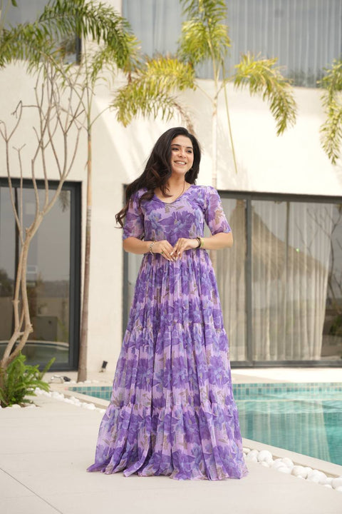 Purple Printed Faux Georgette Gown with Fancy V-Neck | Full Cotton Lining | Ready to Wear ClothsVilla Main image