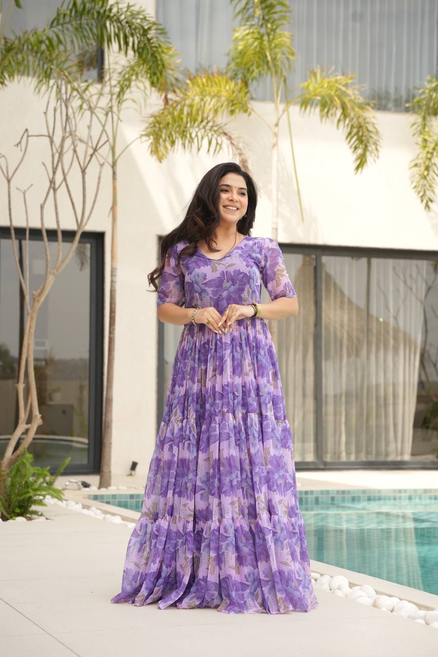 Purple Printed Faux Georgette Gown with Fancy V-Neck | Full Cotton Lining | Ready to Wear ClothsVilla Main image