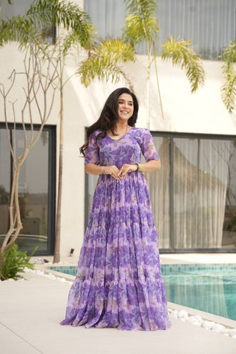 Purple Printed Faux Georgette Gown with Fancy V-Neck | Full Cotton Lining | Ready to Wear ClothsVilla