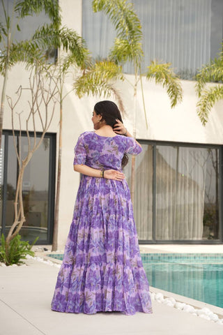 Purple Printed Faux Georgette Gown with Fancy V-Neck | Full Cotton Lining | Ready to Wear ClothsVilla