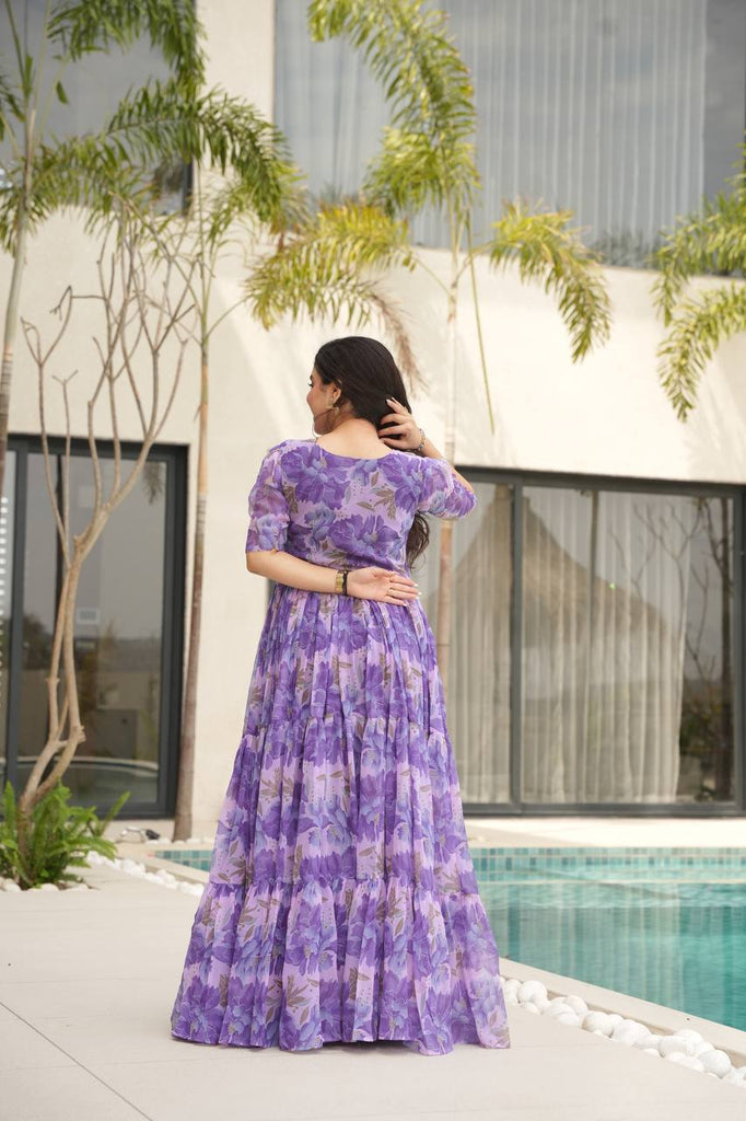 Purple Printed Faux Georgette Gown with Fancy V-Neck | Full Cotton Lining | Ready to Wear ClothsVilla