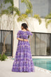 Load image into Gallery viewer, Purple Printed Faux Georgette Gown with Fancy V-Neck | Full Cotton Lining | Ready to Wear ClothsVilla