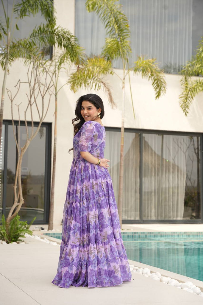 Purple Printed Faux Georgette Gown with Fancy V-Neck | Full Cotton Lining | Ready to Wear ClothsVilla