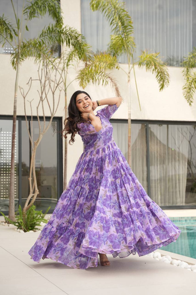 Purple Printed Faux Georgette Gown with Fancy V-Neck | Full Cotton Lining | Ready to Wear ClothsVilla