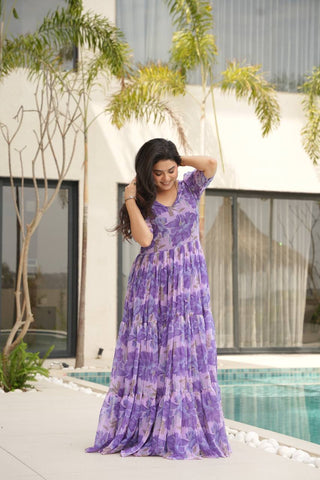 Purple Printed Faux Georgette Gown with Fancy V-Neck | Full Cotton Lining | Ready to Wear ClothsVilla