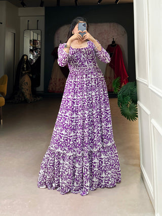 Purple Printed Georgette Flowy Gown with Full Cotton Lining – Lightweight Elegance