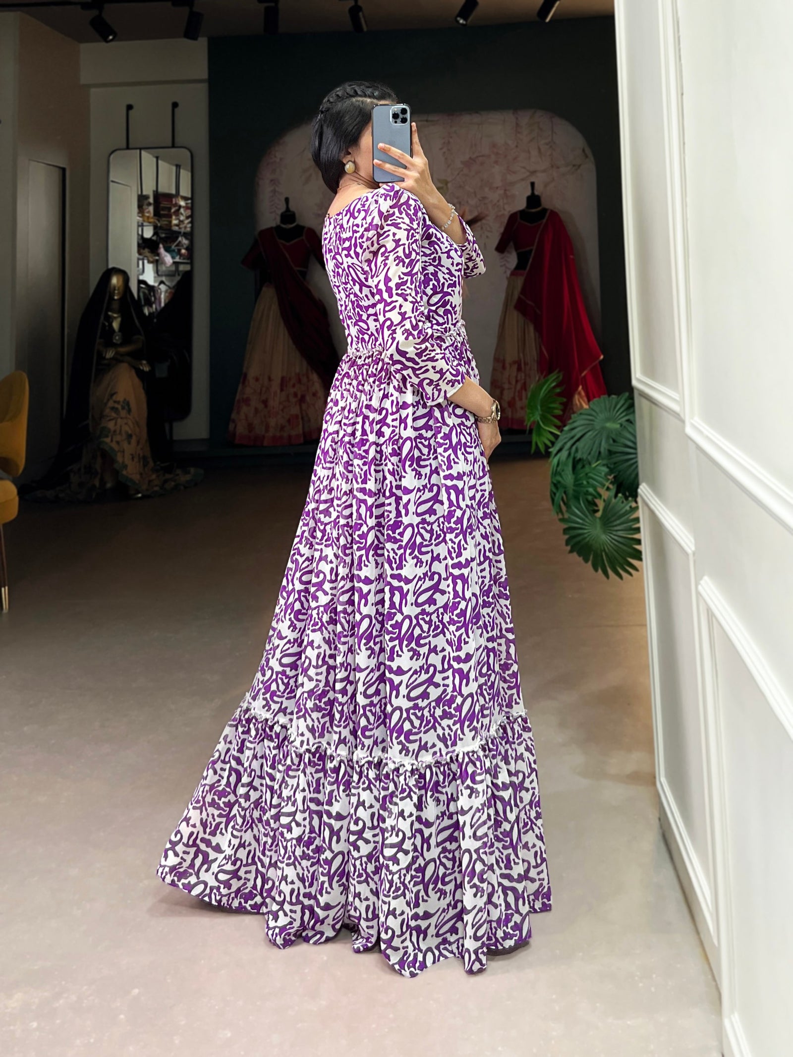 Purple Printed Georgette Flowy Gown with Full Cotton Lining – Lightweight Elegance