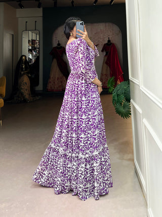 Purple Printed Georgette Flowy Gown with Full Cotton Lining – Lightweight Elegance