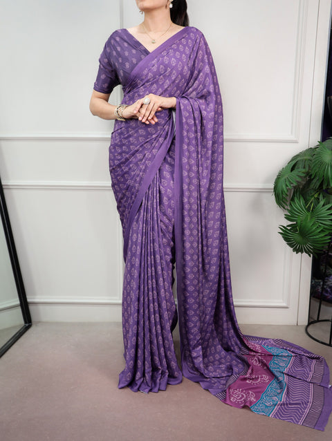 Purple Printed Satin Silk Saree ClothsVilla Main image
