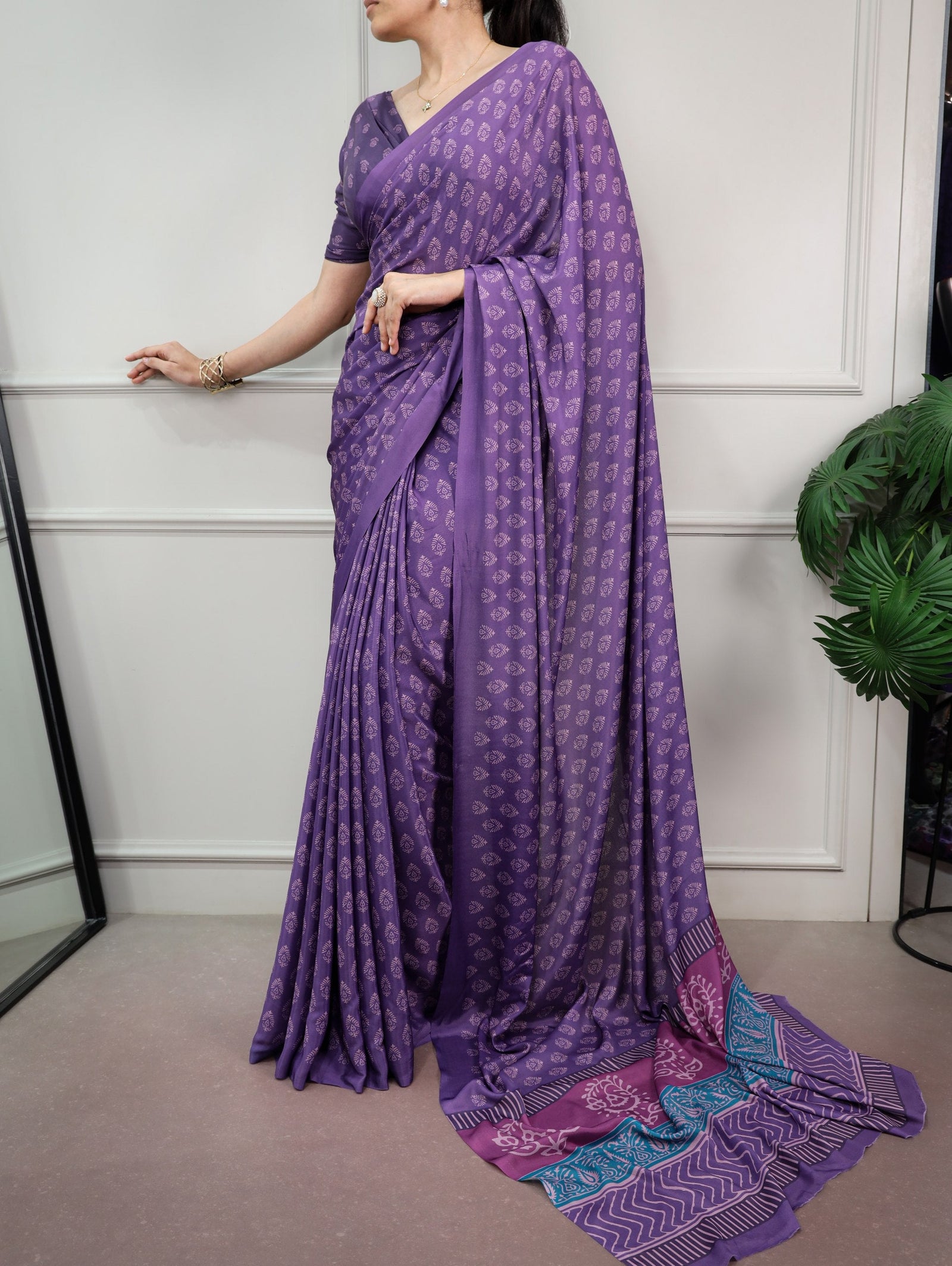 Purple Printed Satin Silk Saree ClothsVilla
