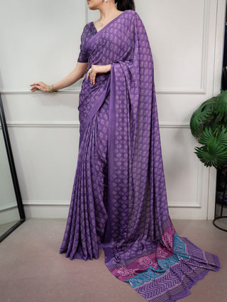 Purple Printed Satin Silk Saree ClothsVilla