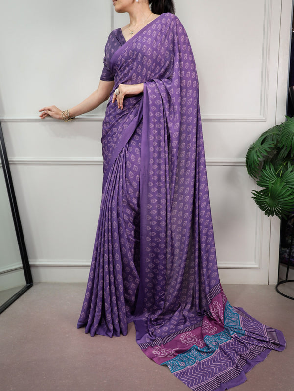 Purple Printed Satin Silk Saree ClothsVilla