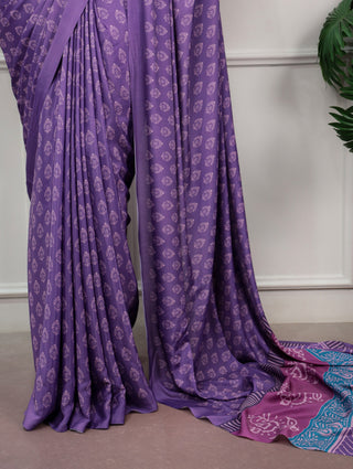 Purple Printed Satin Silk Saree ClothsVilla