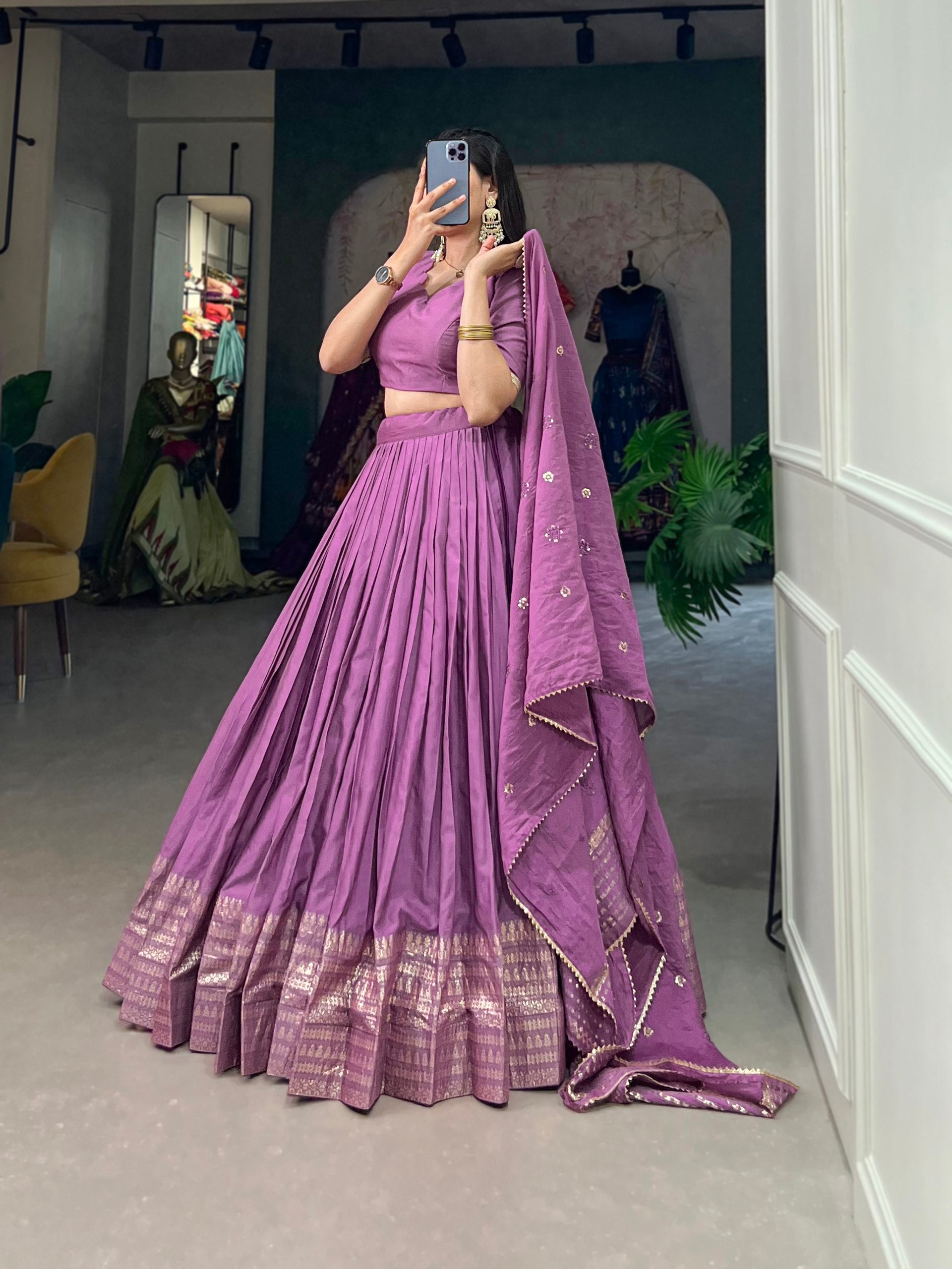 Purple Pure Chanderi Lehenga Choli Set with Zari Border & Sequin Dupatta Secondary image