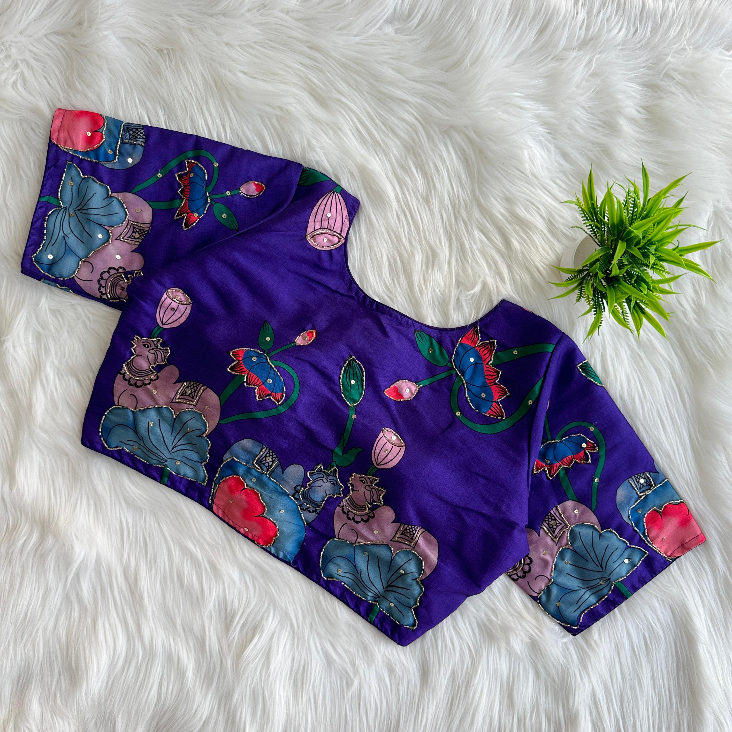 Purple Pure Silk Blouse with Decent Print and Antique Handcrafted Work ClothsVilla Main image