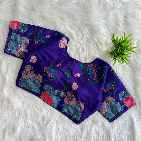 Purple Pure Silk Blouse with Decent Print and Antique Handcrafted Work ClothsVilla Main image