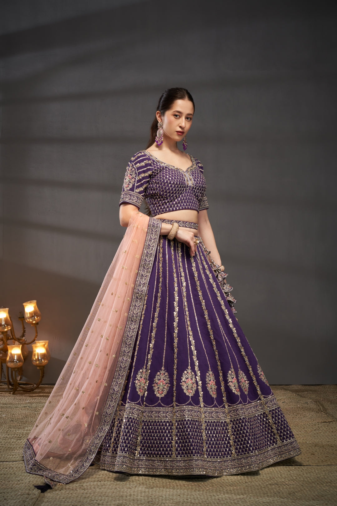 Purple Pure Silk Bridal Lehenga Choli & Dupatta with Moti, Zarkan & Sequin Embellishment ClothsVilla