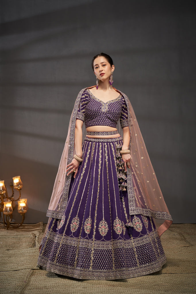 Purple Pure Silk Bridal Lehenga Choli & Dupatta with Moti, Zarkan & Sequin Embellishment ClothsVilla