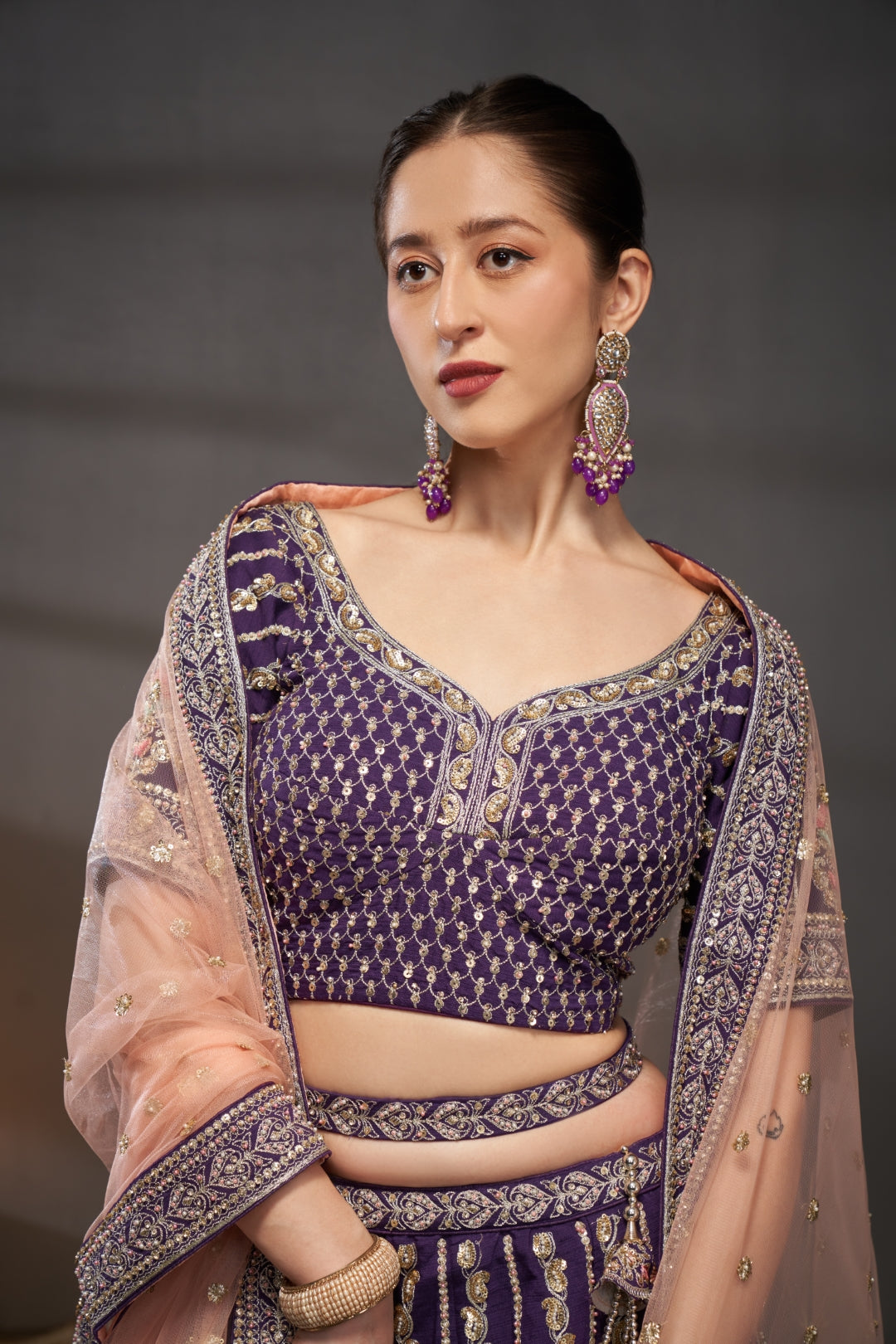 Purple Pure Silk Bridal Lehenga Choli & Dupatta with Moti, Zarkan & Sequin Embellishment ClothsVilla