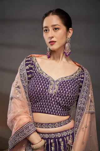 Purple Pure Silk Bridal Lehenga Choli & Dupatta with Moti, Zarkan & Sequin Embellishment ClothsVilla
