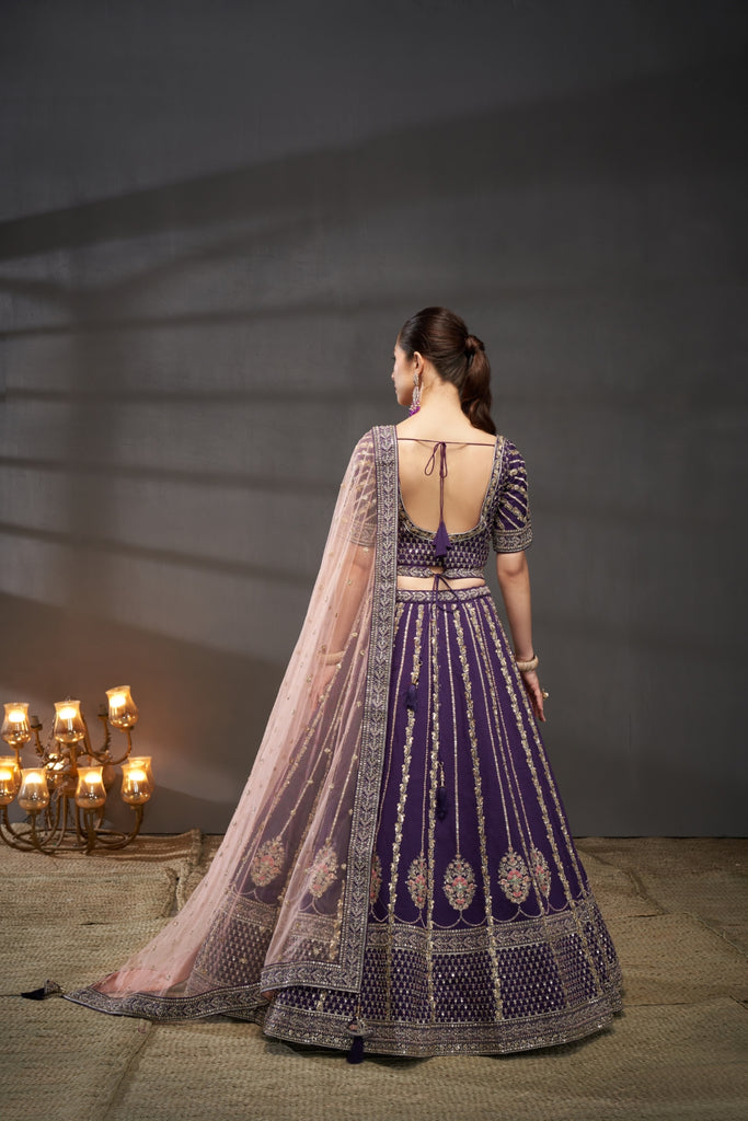 Purple Pure Silk Bridal Lehenga Choli & Dupatta with Moti, Zarkan & Sequin Embellishment ClothsVilla