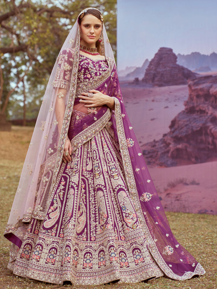 Purple Pure silk Moti, Coding embroidery Semi-Stitched Bridel Lehenga choli & Dupatta ClothsVilla