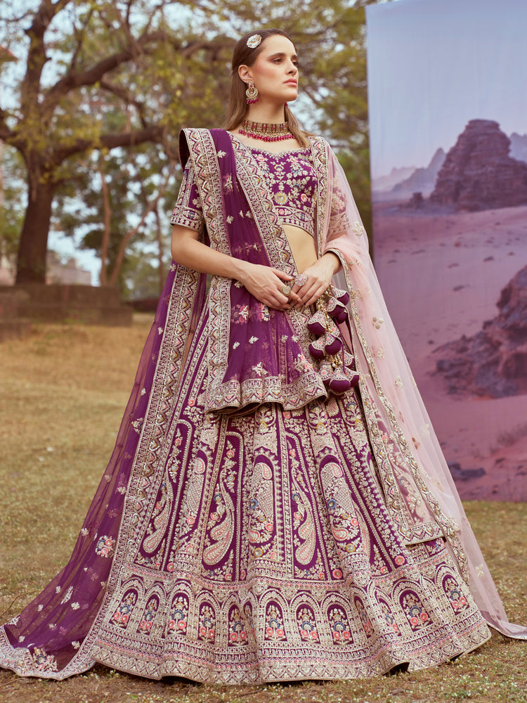 Purple Pure silk Moti, Coding embroidery Semi-Stitched Bridel Lehenga choli & Dupatta ClothsVilla