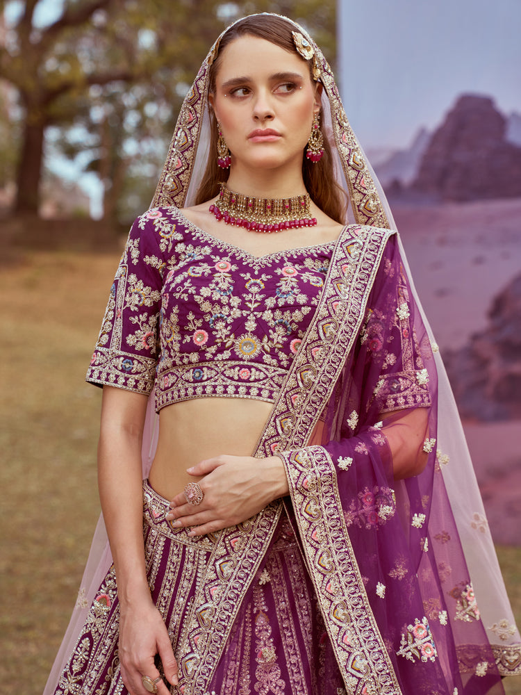 Purple Pure silk Moti, Coding embroidery Semi-Stitched Bridel Lehenga choli & Dupatta ClothsVilla