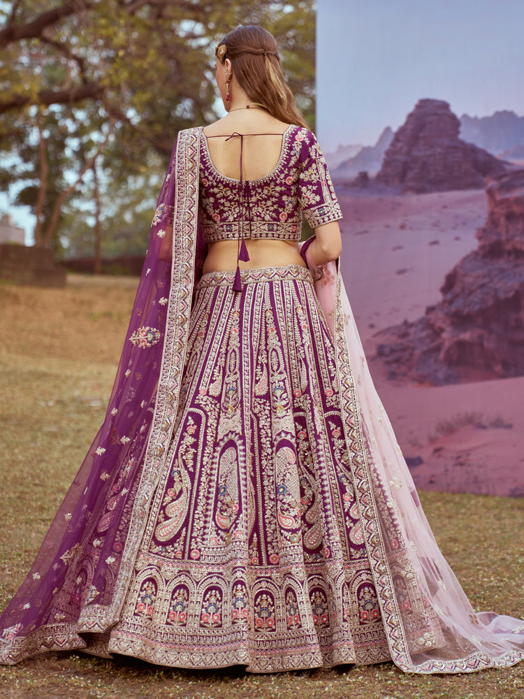 Purple Pure silk Moti, Coding embroidery Semi-Stitched Bridel Lehenga choli & Dupatta ClothsVilla