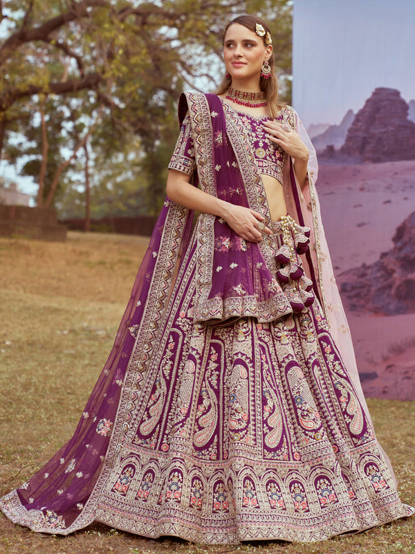 Purple Pure silk Moti, Coding embroidery Semi-Stitched Bridel Lehenga choli & Dupatta ClothsVilla