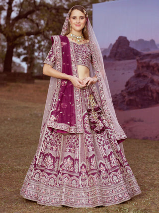 Purple Pure silk Moti, Sequins embroidery Semi-Stitched Bridel Lehenga choli & Dupatta ClothsVilla