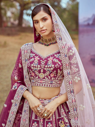 Purple Pure silk Moti, Sequins embroidery Semi-Stitched Bridel Lehenga choli & Dupatta ClothsVilla