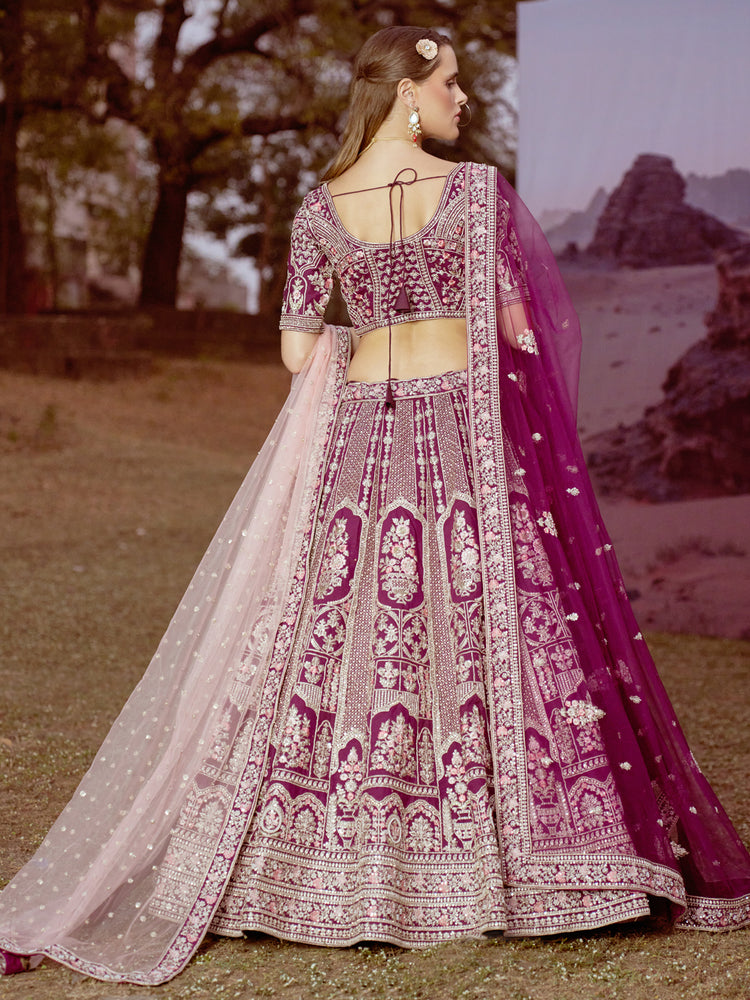 Purple Pure silk Moti, Sequins embroidery Semi-Stitched Bridel Lehenga choli & Dupatta ClothsVilla
