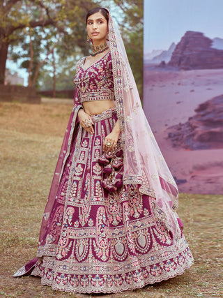 Purple Pure silk Moti, Sequins embroidery Semi-Stitched Bridel Lehenga choli & Dupatta ClothsVilla