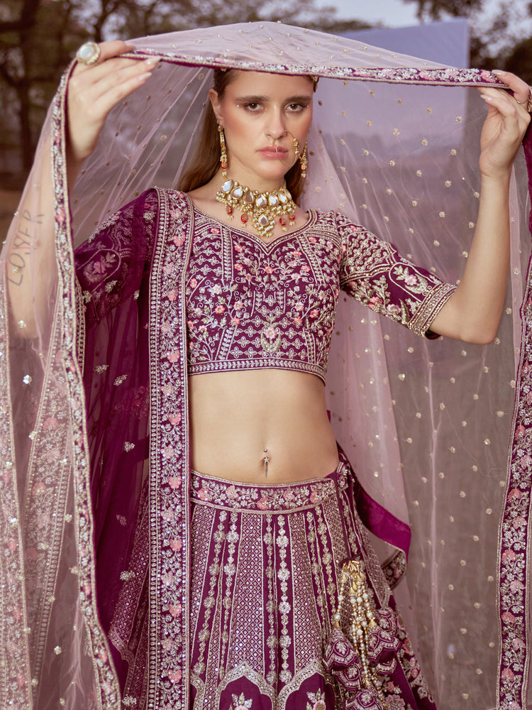 Purple Pure silk Moti, Sequins embroidery Semi-Stitched Bridel Lehenga choli & Dupatta ClothsVilla