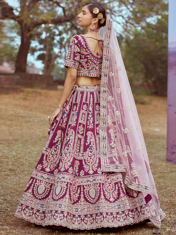 Purple Pure silk Moti, Sequins embroidery Semi-Stitched Bridel Lehenga choli & Dupatta ClothsVilla