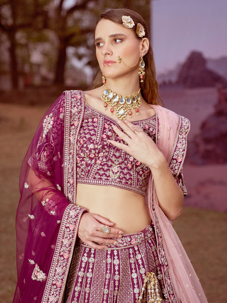 Purple Pure silk Moti, Sequins embroidery Semi-Stitched Bridel Lehenga choli & Dupatta ClothsVilla