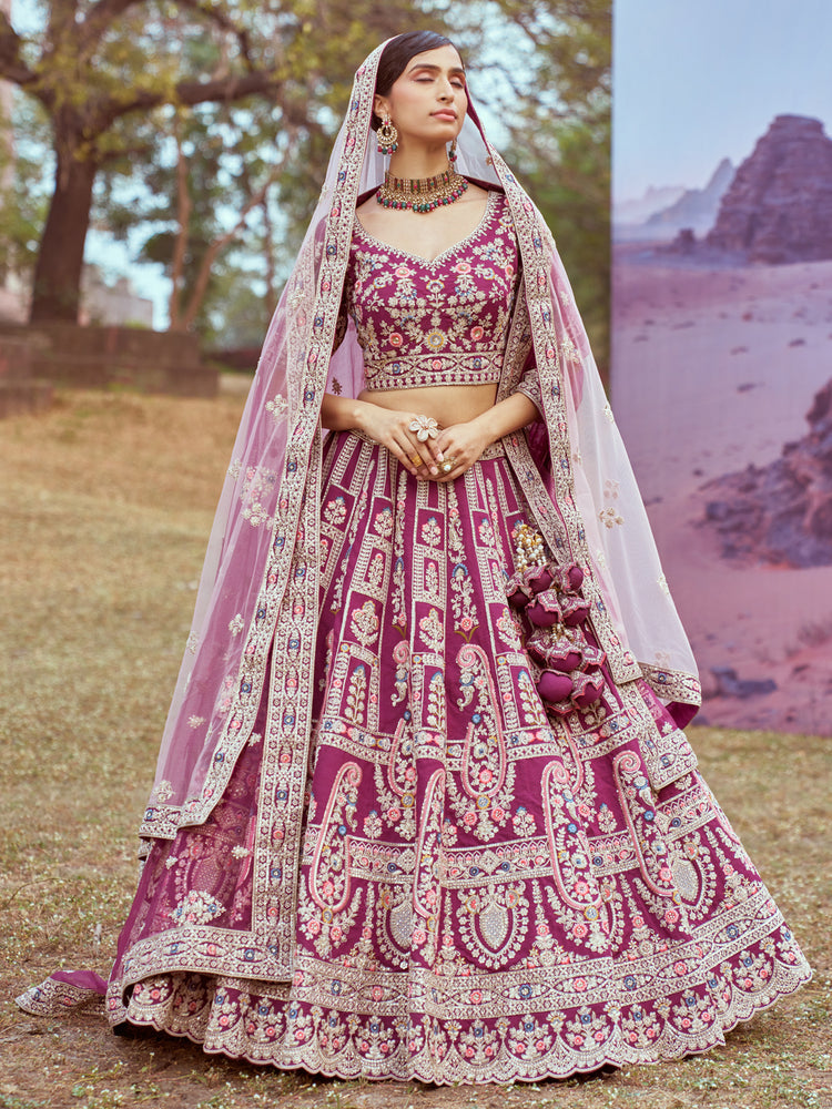 Purple Pure silk Moti, Sequins embroidery Semi-Stitched Bridel Lehenga choli & Dupatta ClothsVilla