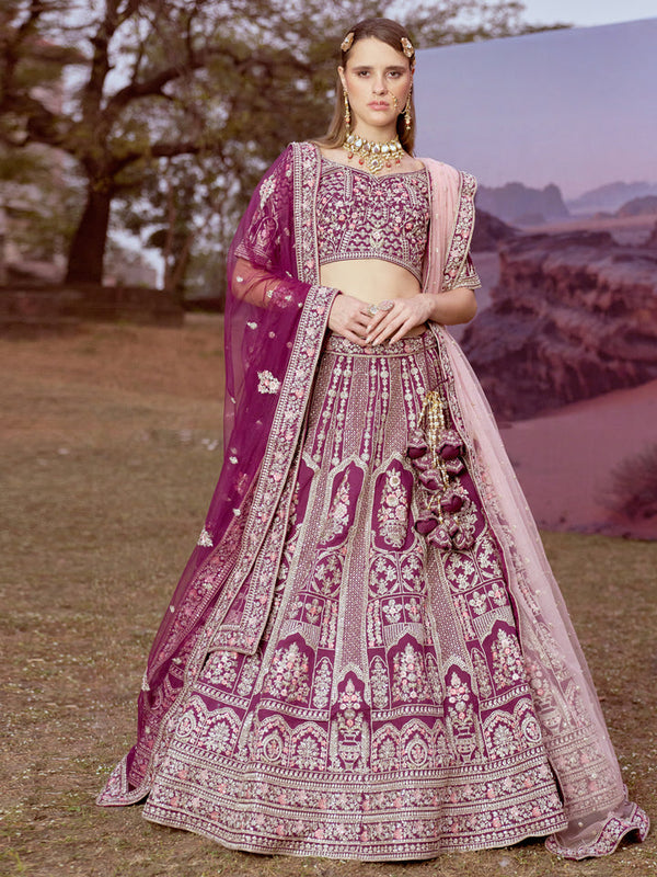 Purple Pure silk Moti, Sequins embroidery Semi-Stitched Bridel Lehenga choli & Dupatta ClothsVilla