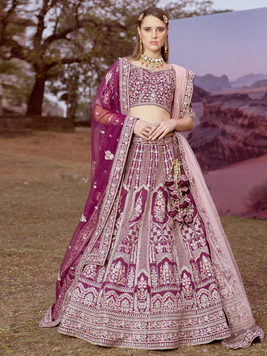 Purple Pure silk Moti, Sequins embroidery Semi-Stitched Bridel Lehenga choli & Dupatta ClothsVilla