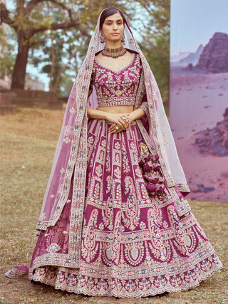 Purple Pure silk Moti, Sequins embroidery Semi-Stitched Bridel Lehenga choli & Dupatta ClothsVilla