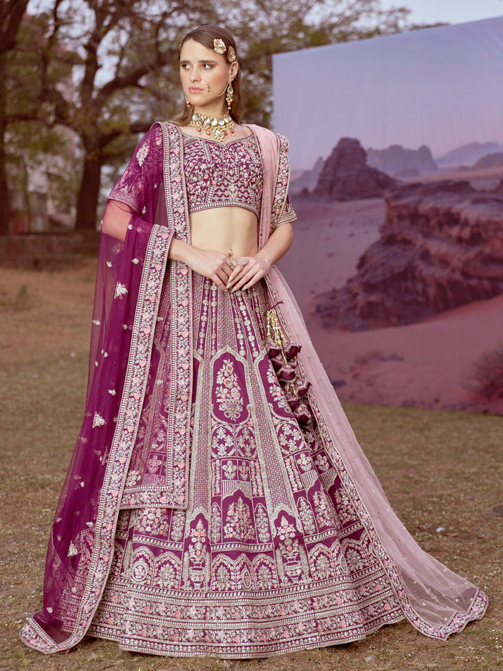 Purple Pure silk Moti, Sequins embroidery Semi-Stitched Bridel Lehenga choli & Dupatta ClothsVilla