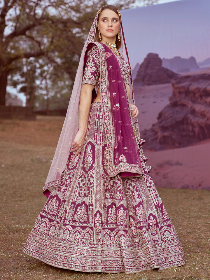 Purple Pure silk Moti, Sequins embroidery Semi-Stitched Bridel Lehenga choli & Dupatta ClothsVilla