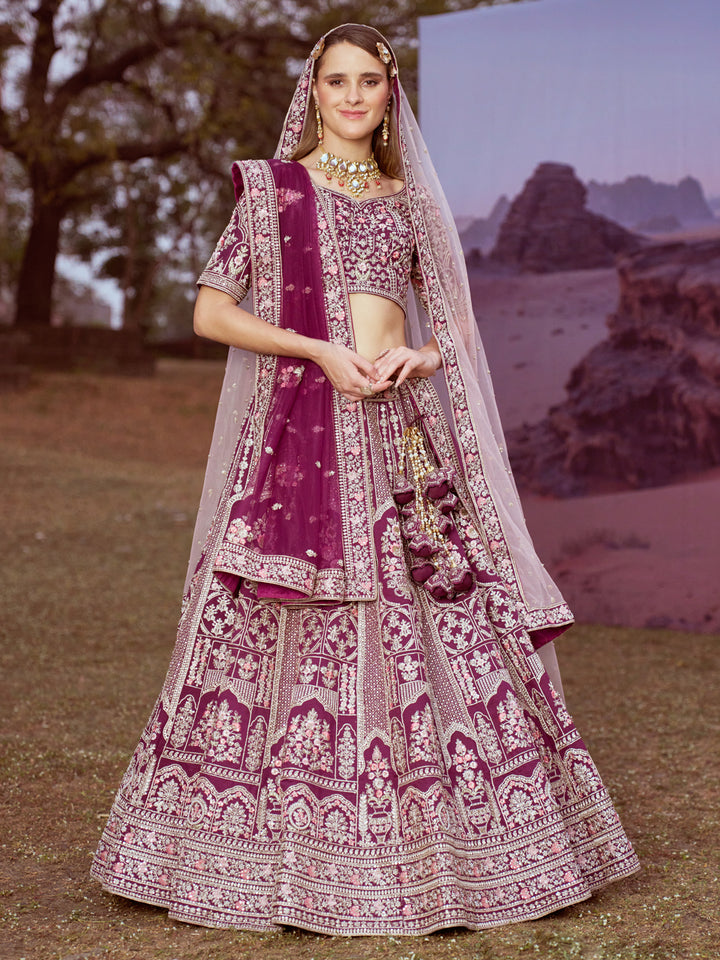 Purple Pure silk Moti, Sequins embroidery Semi-Stitched Bridel Lehenga choli & Dupatta ClothsVilla