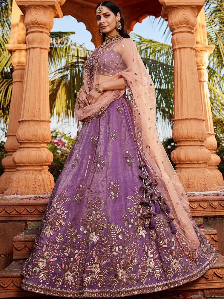 Purple Pure Tissue Semi-Stitched Lehenga Choli Set with Zarkan ClothsVilla