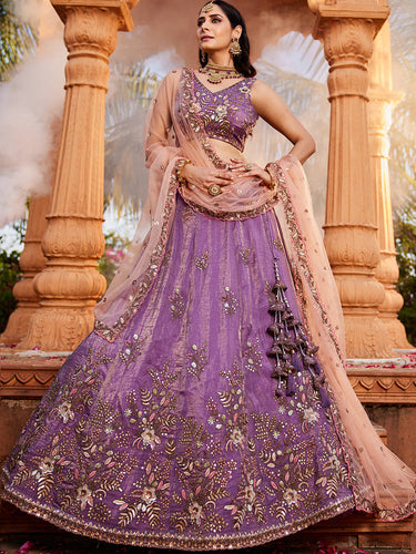 Purple Pure Tissue Semi-Stitched Lehenga Choli Set with Zarkan ClothsVilla