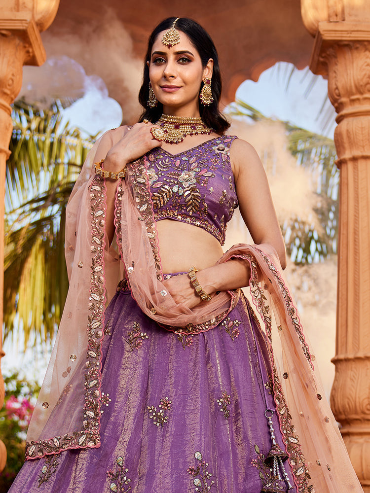 Purple Pure Tissue Semi-Stitched Lehenga Choli Set with Zarkan ClothsVilla